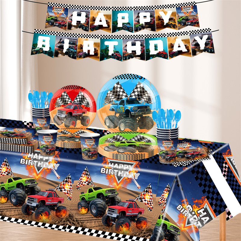 怪物卡车主题生日派对装饰餐具大脚车桌布纸盘纸杯巾拉旗气球海报