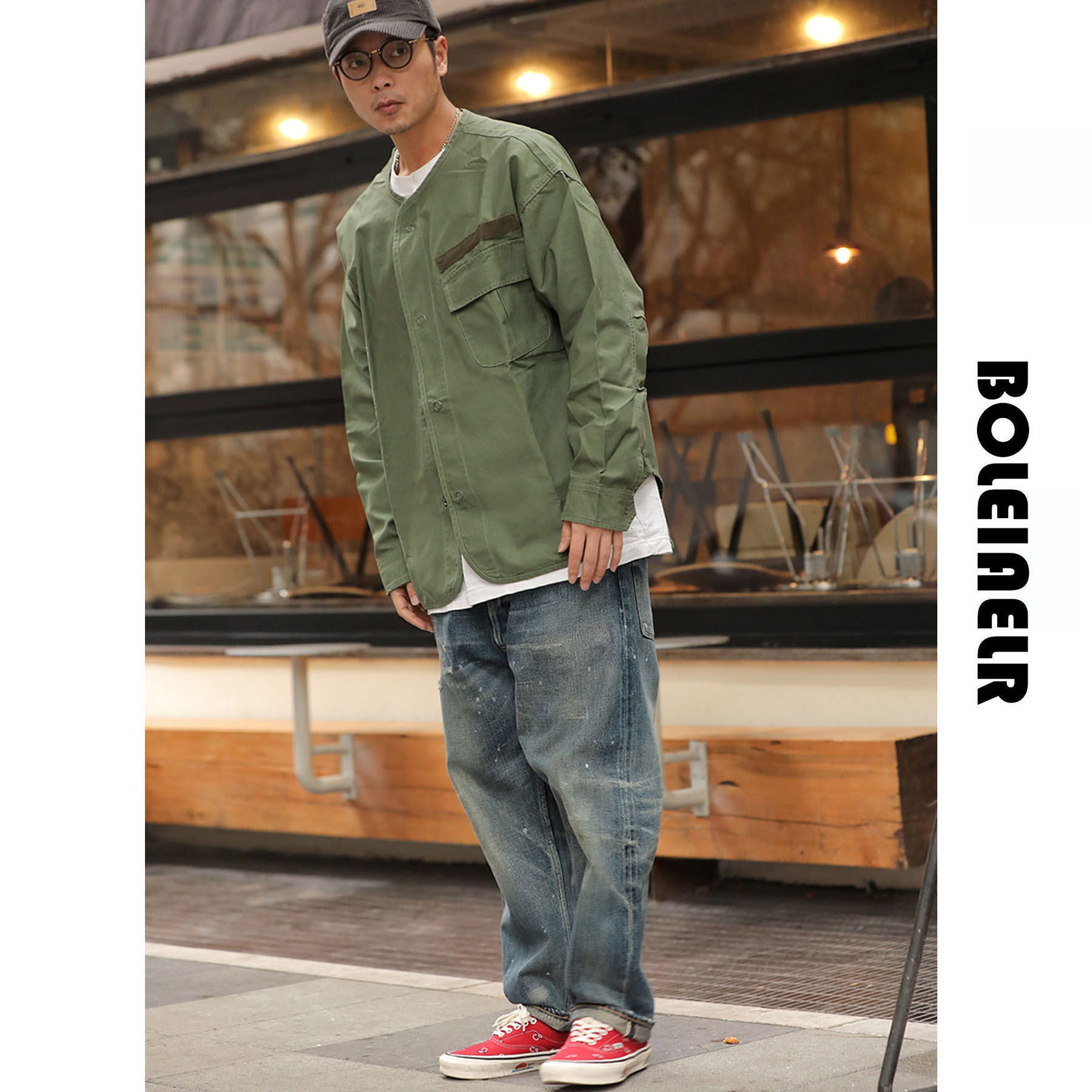 BOLEIAELR无领内胆衬衫男工装