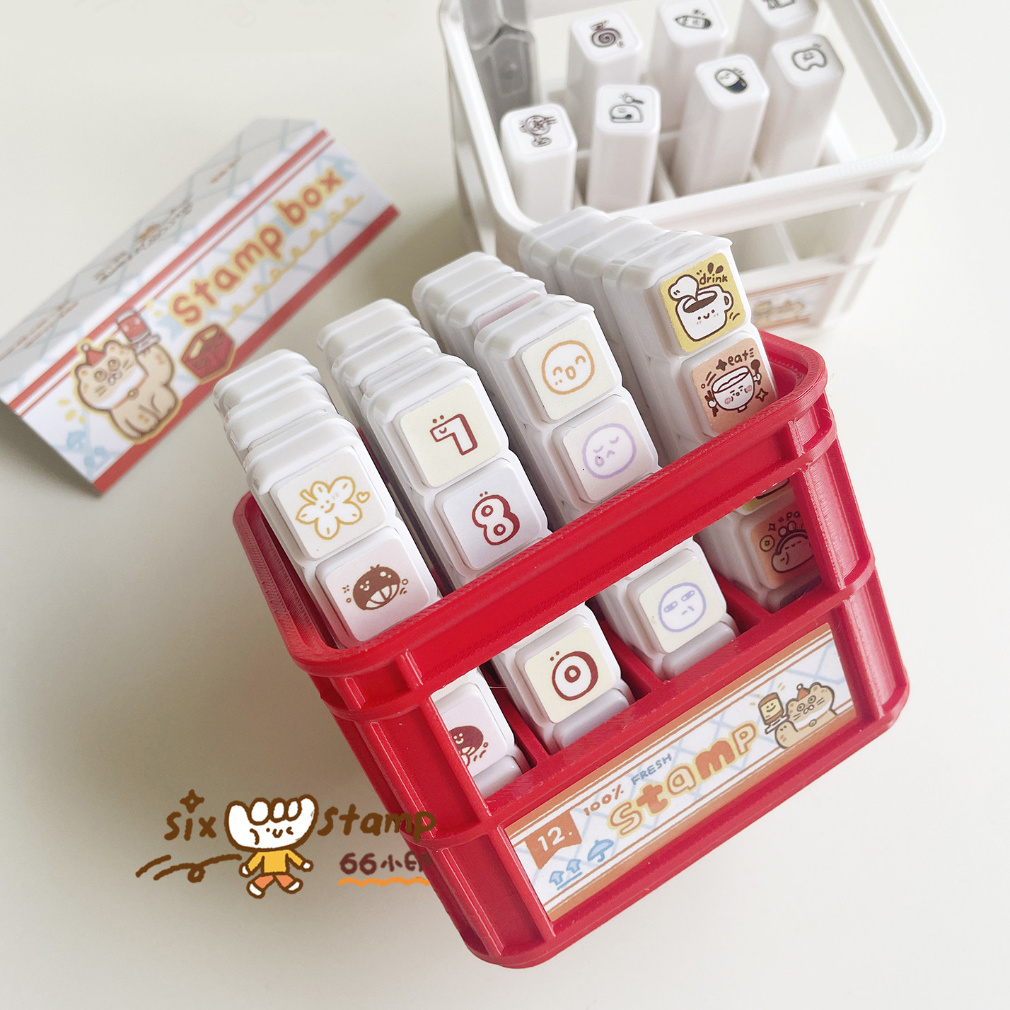 66小印自制印章收纳框微缩饮料箱创意文具六联印章收纳盒12 格