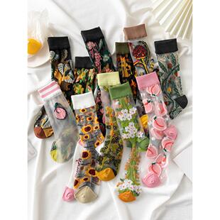 玻璃丝袜子女春夏季薄款透明中筒袜韩国ins潮复古向日葵水晶长袜