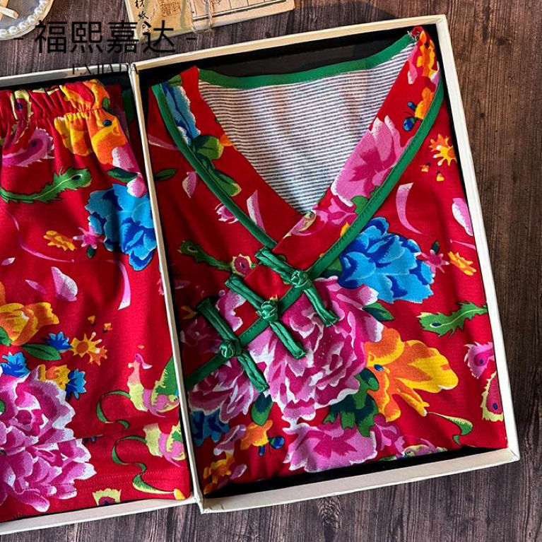 中国风东北大花睡衣女士秋冬款德绒保暖宽松大码家居服套装可外出