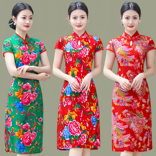 新中式改良演出旗袍裙复古东北大花高弹修身送考小个子妈妈连衣裙