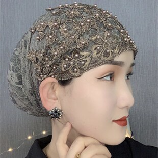 夏季薄款钉珠包头帽宁夏回族帽子时尚蕾丝花边妈妈帽防风遮发帽