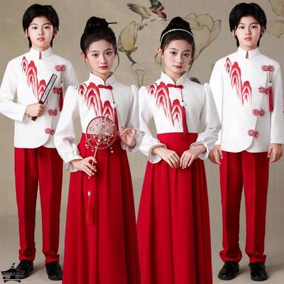 元旦儿童合唱演出服小学生国风朗诵女童红色礼服爱国演讲比赛服装