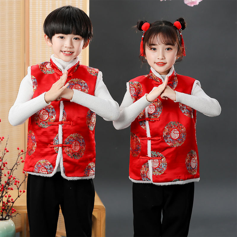 儿童唐装马甲男童中式坎肩女童中国风拜年服宝宝新年喜庆衣服红色