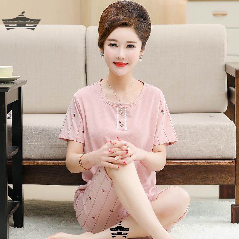 妈妈睡衣女夏季纯棉薄款短袖中裤中老年妇女家居服可外穿休闲套装
