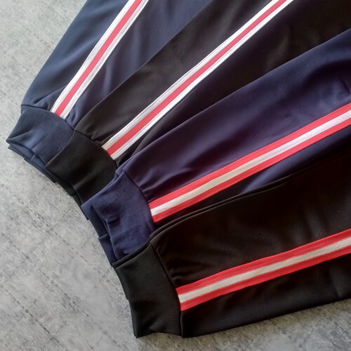 藏蓝色白红白红条收口校服裤子