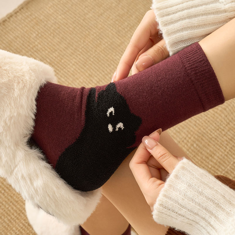袜子女款新疆棉中筒袜秋冬季无骨长袜配勃肯鞋卡通可爱猫咪堆堆袜