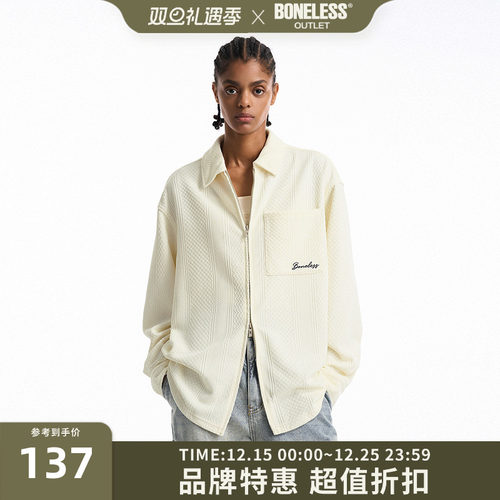 BONELESS肌理纹路长袖衬衫简约翻领宽松上衣刺绣双拉链百搭外套