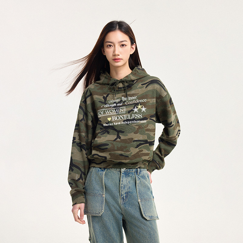 BONELESS春季2025新款重磅短款迷彩美式潮牌卫衣外套女款连帽衫图片