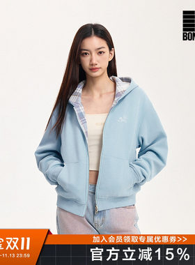 BONELESS春季2025新款双面穿小狗印花短款连帽卫衣外套女士开衫