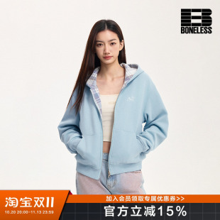 BONELESS春季2025新款双面穿小狗印花短款连帽卫衣外套女士开衫