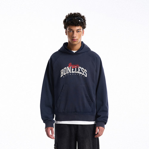 BONELESS层次领口做旧连帽卫衣斑驳印花宽松重磅帽衫秋假两件上衣