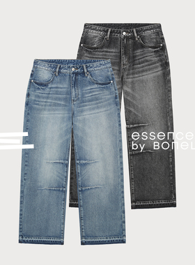 结构分割牛仔裤打褶直筒休闲裤洗水长裤支线Essence by BONELESS