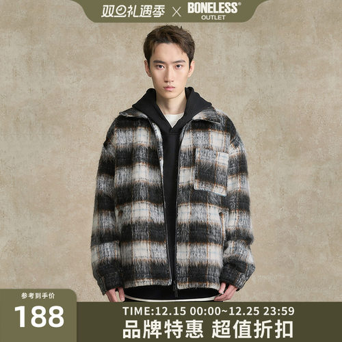 BONELESS拉链格纹毛呢短夹克