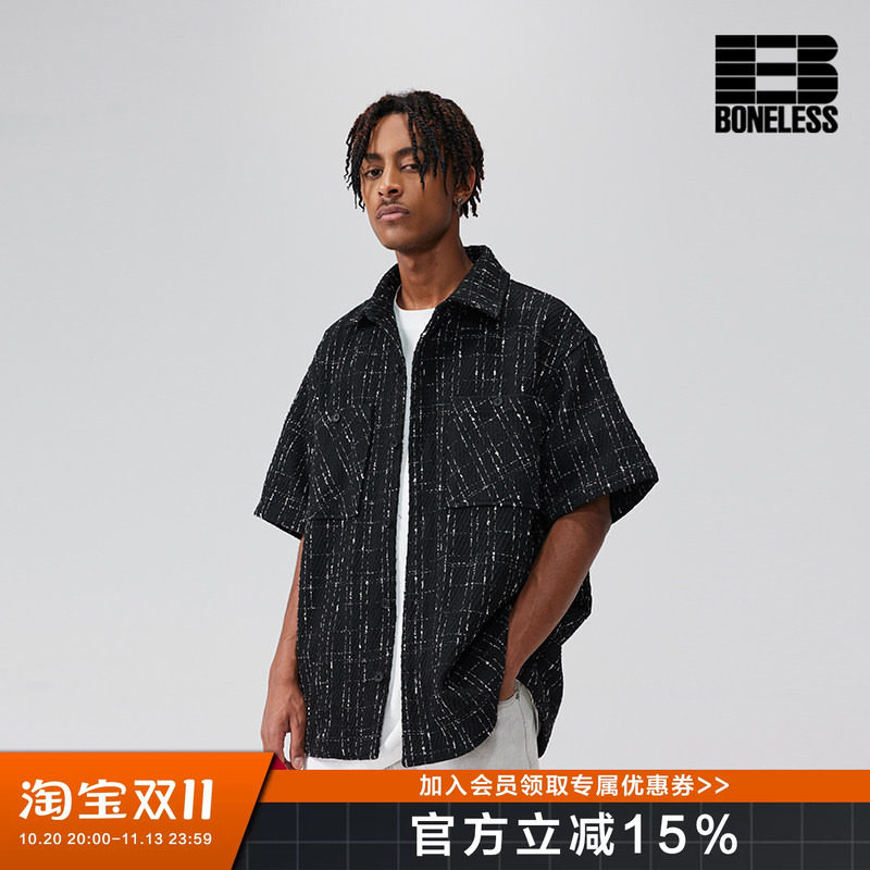 BONELESS 复古宽松格子格纹混纺短袖衬衫美式高街男女款格子外套