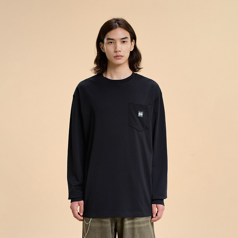 BONELESS章仔口袋长袖T恤纯棉宽松圆领上衣简约百搭休闲打底衫秋