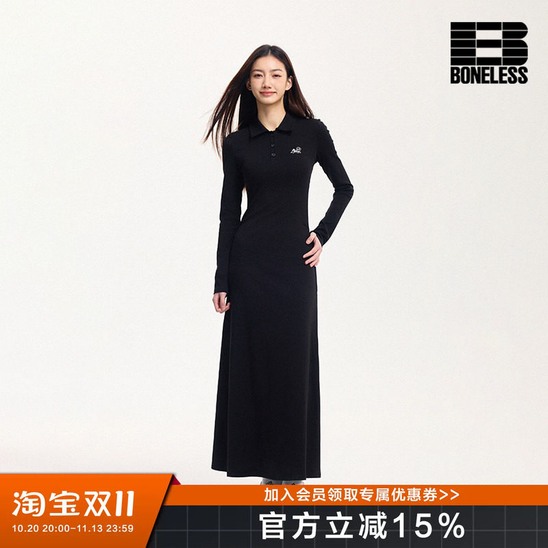 BONELESS春季2025新款POLO领长袖针织连衣裙女刺绣黑色修身长裙