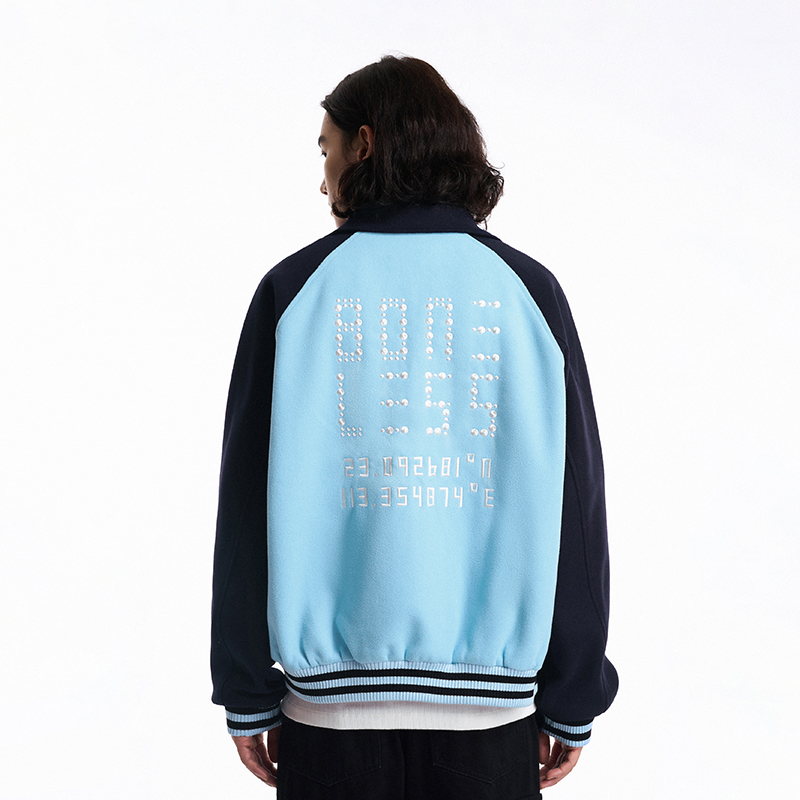 BONELESS翻领插肩袖撞色棒球服仿珍珠刺绣logo外套宽松毛呢夹克秋