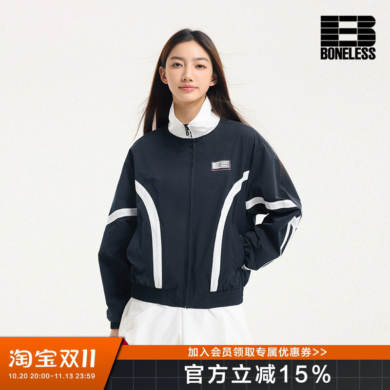 BONELESS撞色印花拼接运动夹克翻领轻薄尼龙潮牌宽松学院风外套女
