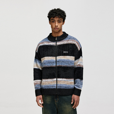 BONELESS仿貂毛拼接彩纱拉链开衫