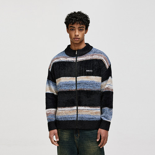 BONELESS仿貂毛拼接彩纱拉链开衫