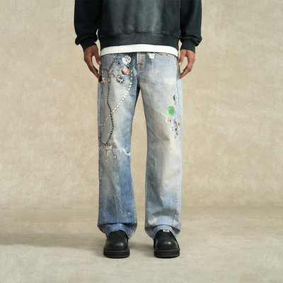 BONELESS乐队拉链3D打印牛仔裤