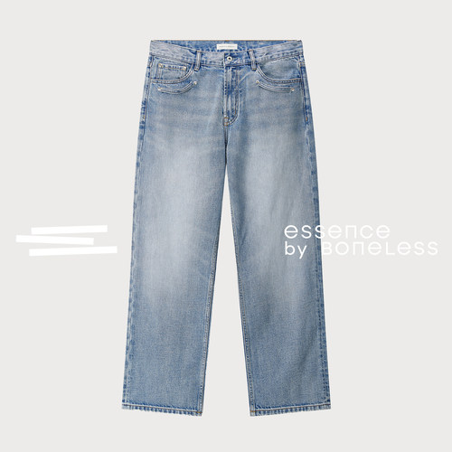 冰蓝扣袢装饰牛仔裤撞钉高街做旧直筒裤支线Essence by BONELESS