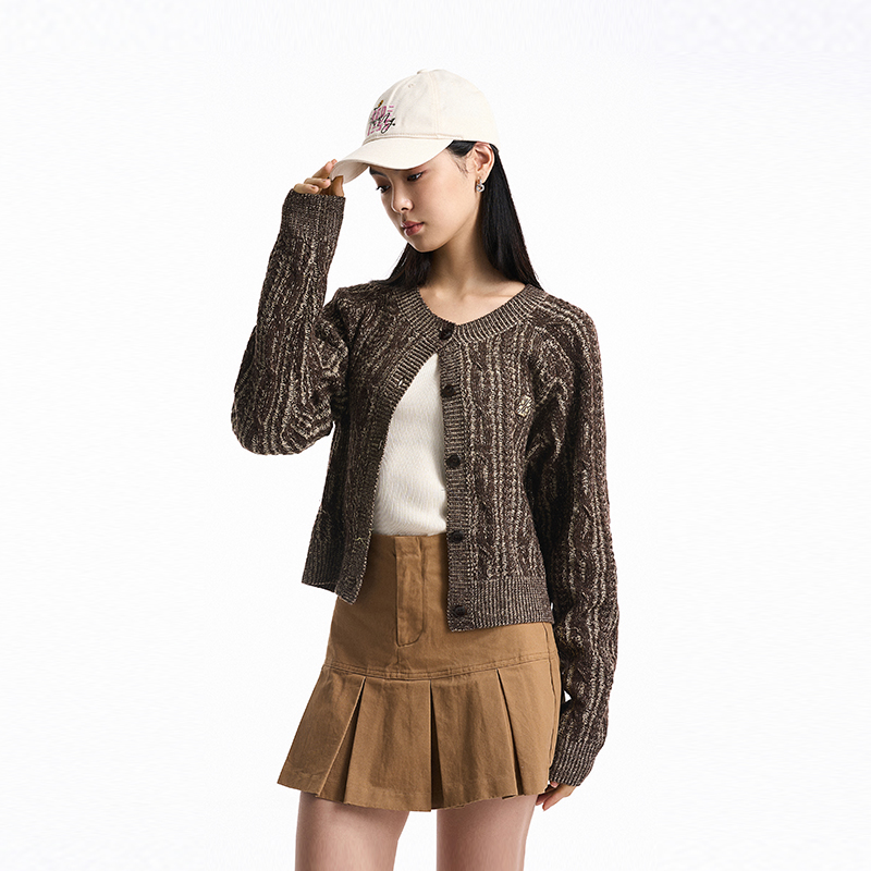 BONELESS双色绞花毛衣开衫羊毛宽松圆领针织衫简约休闲麻花外套