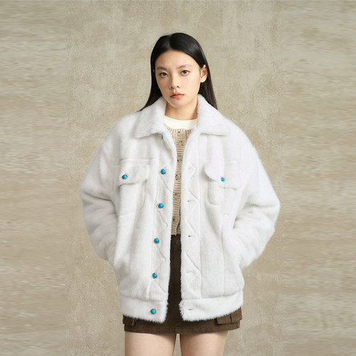 BONELESS仿貂毛宝石扣夹克简约重磅宽松毛呢外套翻领潮流保暖上衣