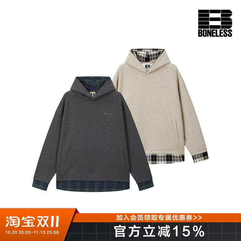 BONELESS格纹拼接连帽卫衣logo刺绣宽松休闲日常通勤百搭重磅上衣