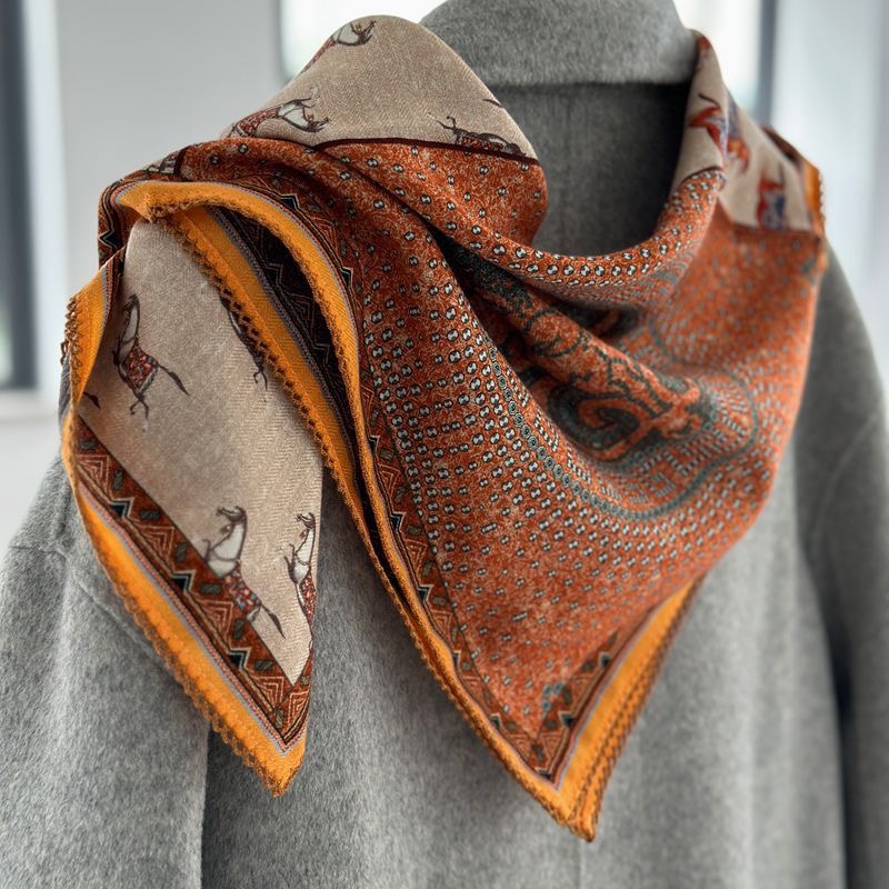 法国小马图腾橙色真丝羊绒围巾小方巾领巾高档送礼妈妈丝巾女