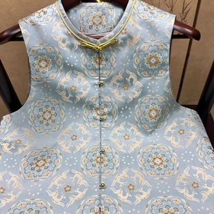 满分桑蚕丝老宋锦蓝色系宝相花马甲内衬醋酸缎!衣长58