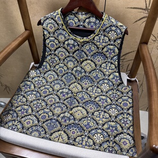 100%桑蚕丝金扇繁华老宋锦螺钿工艺马甲国风气质新款显白高品质