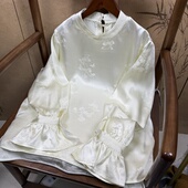 子长袖 衬衫 内百搭时尚 100%桑蚕丝45姆米重缎提花奶白色花苞袖 中式