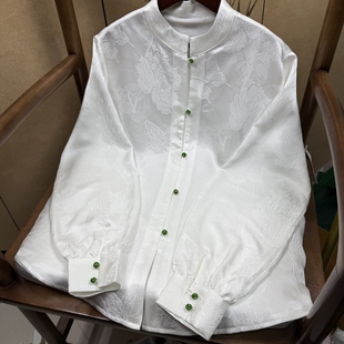 国风气质白色衬衫 100%桑蚕丝提花气质立领30姆米冠乐缎衬衫 新中式