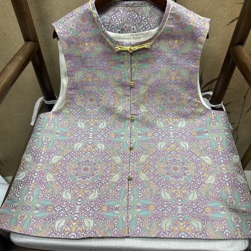 满分桑蚕丝四重围织金彩铃宝相花老宋锦马甲新中式国风紫色均码