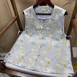 满分桑蚕丝灰色金鱼织金老宋锦马甲新中式国风气质显瘦款百搭