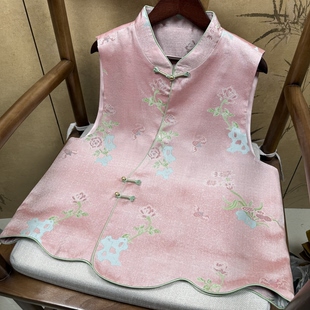 满分桑蚕丝粉色富贵牡丹斜襟设计老宋锦马甲新中式国风非名家马甲