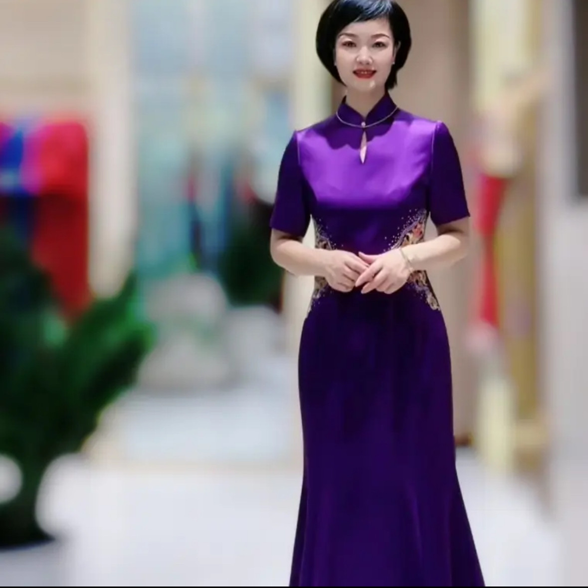 17776朱紫瑜紫色三醋酸喜婆婆喜妈妈婚宴旗袍鱼尾礼服裙敬酒服
