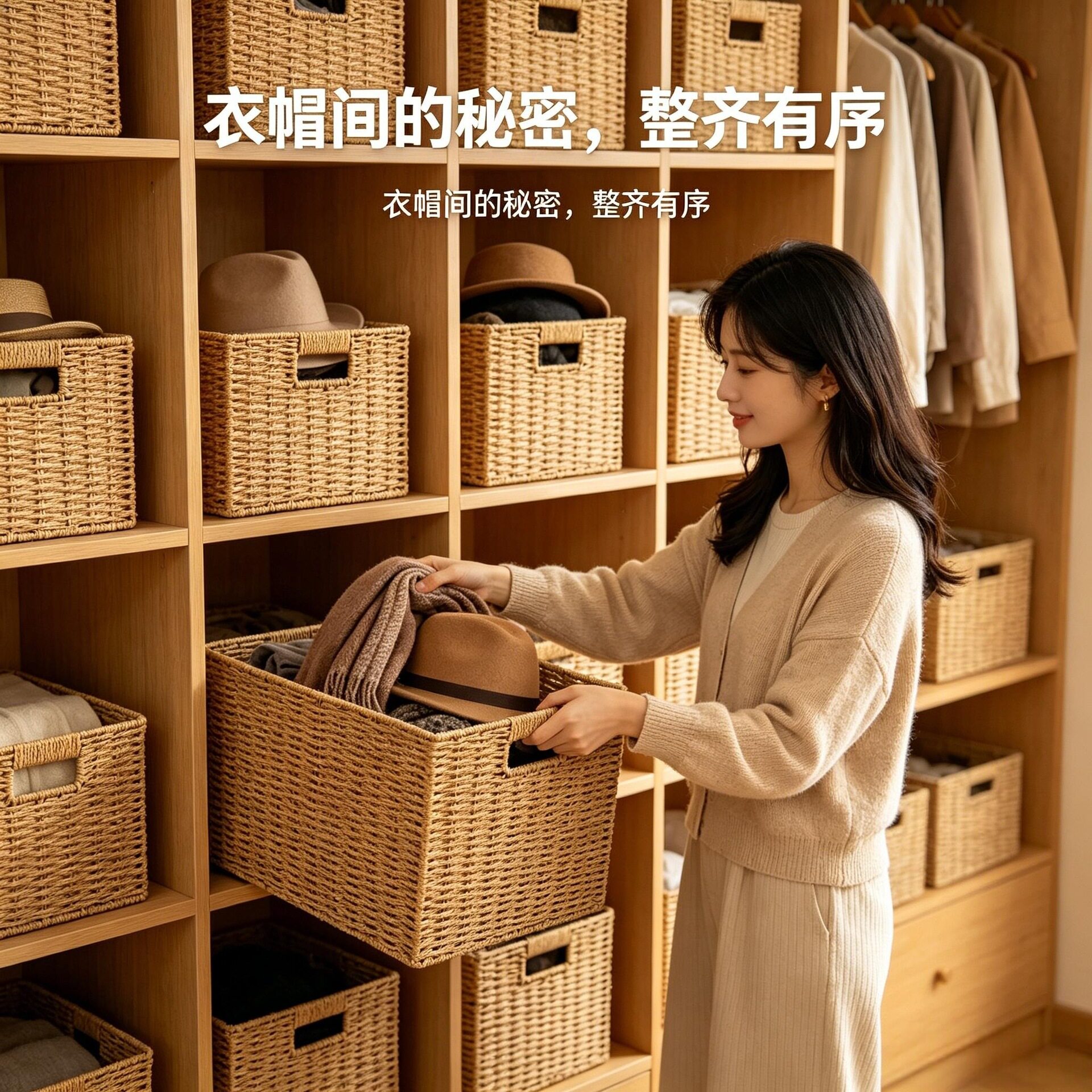 手工编织收纳筐家用收纳箱桌面格子柜筐子衣柜整理筐方形储物篮