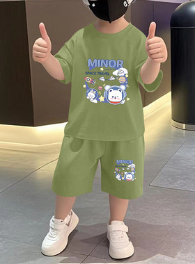 100%纯棉男童套装2025新款洋气小孩子夏天衣服儿童短袖短裤童装