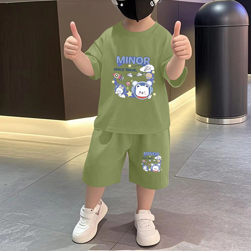 100%纯棉男童套装2025新款洋气小孩子夏天衣服儿童短袖短裤童装