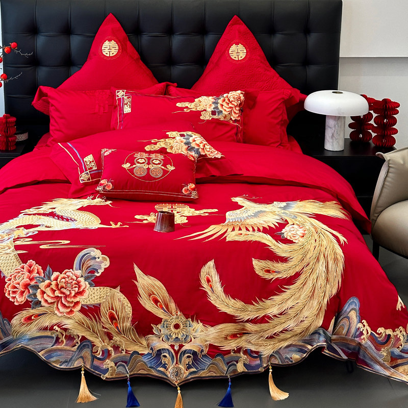 SAINTBI  中式婚庆东方韵味全棉高端四件套刺绣提花红色结婚床品