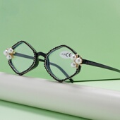 饰拍照妈妈阅读远视老光镜 装 跨境镶钻珍珠老花镜时尚 精美洋气个性