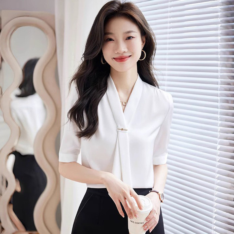 白色雪纺衬衫女高端职业套装上衣2026新款短袖气质白衬衣工作服夏