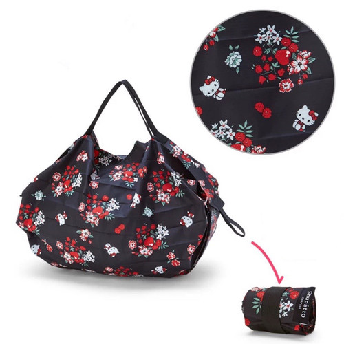 现货环保袋hellokitty印花黑底小花图案创意折叠便携购物袋收纳包