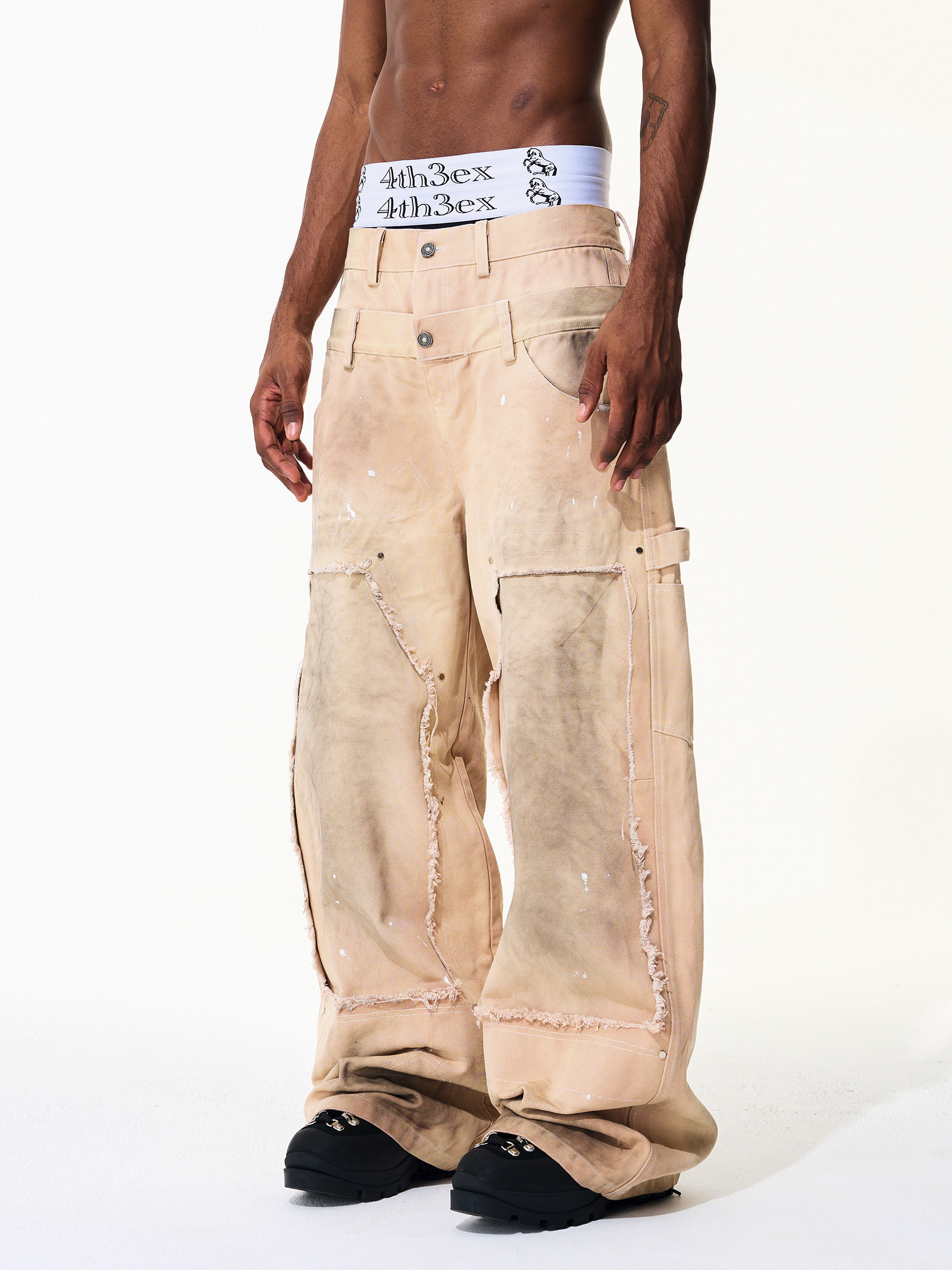 thumbnail for Fourth3ex 25FW Knee Destruction Fringe Black Jeans Men's Autumn New Double Waist Toe Wide-leg Pants