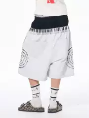 Fourth3Ex Double Waistband Cropped Pants for Men, Summer Subculture Piano Note Print Sweatpants, Men's Mid-Length Pants