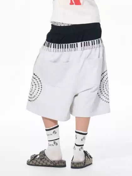 Fourth3Ex Double Waistband Cropped Pants for Men, Summer Subculture Piano Note Print Sweatpants, Men's Mid-Length Pants